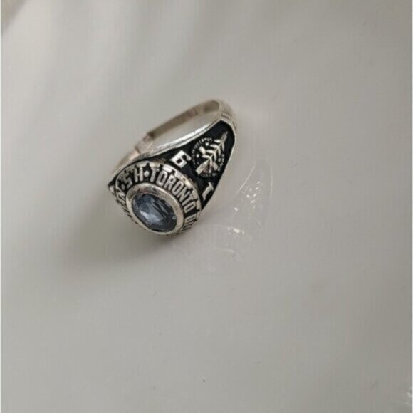 Men's 80s Academia Prep Sterling Silver Blue Topaz Signet School Cigar Ring  10 - Picture 2 of 6